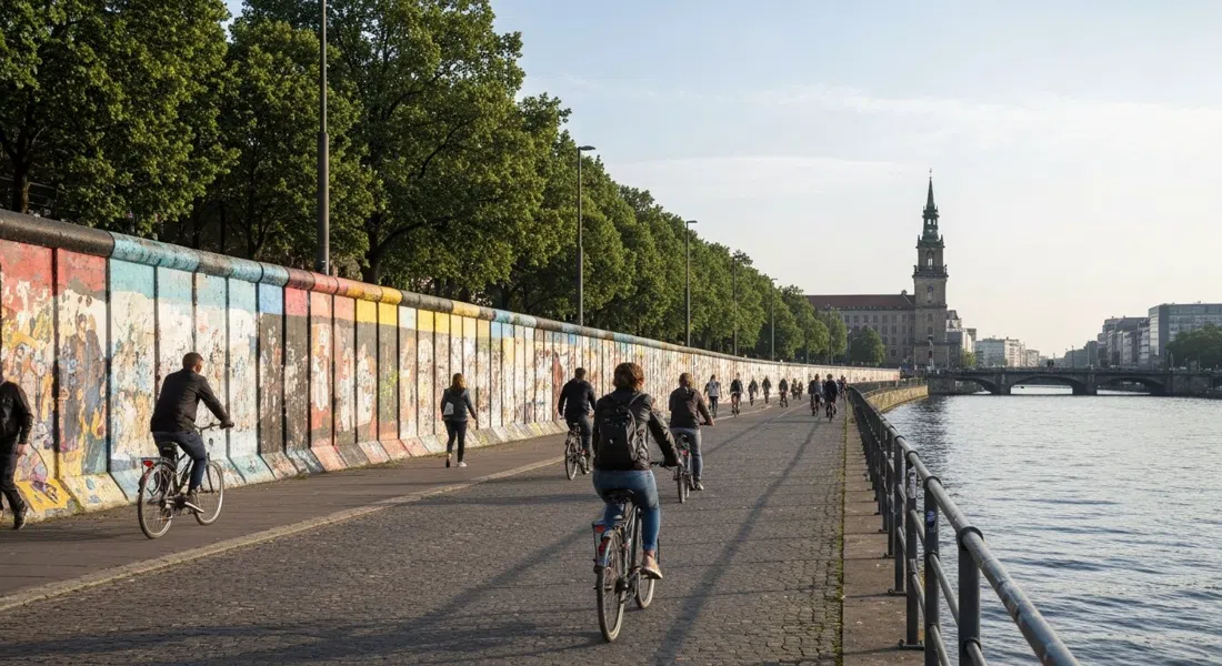 the East Side Gallery at early morning light, painted Berlin Wall panels running along the Spree with pedestrians and cyclists on the riverside path