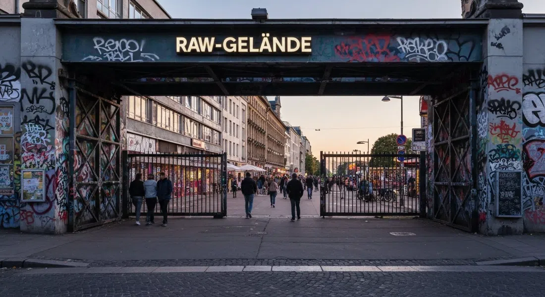 the graffiti-covered RAW-Gelände entrance on Revaler Straße at dusk, layered street art, industrial gates and pedestrians heading toward the clubs