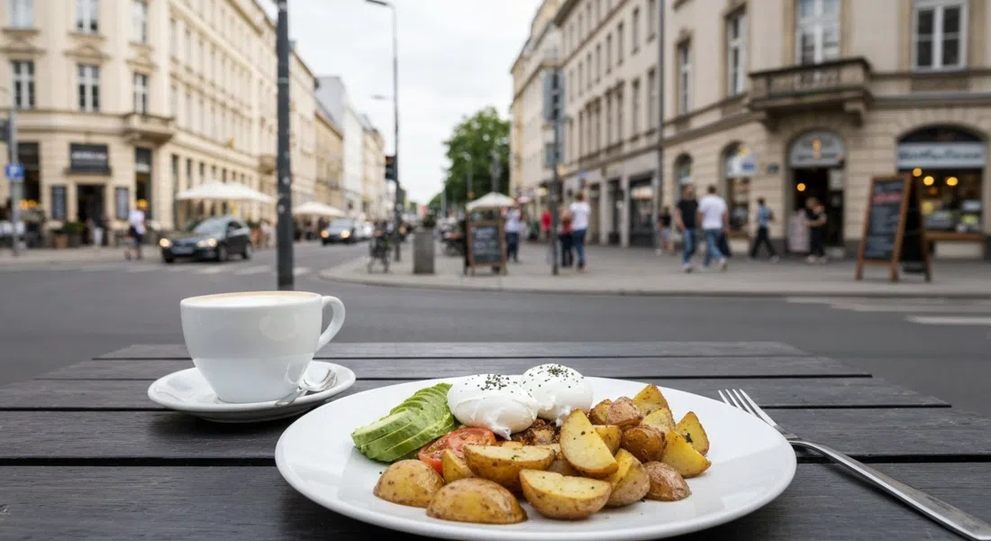 a full breakfast plate at Silo Coffee on Gabriel-Max-Straße, poached eggs, avocado and roast potatoes with a flat white on the side