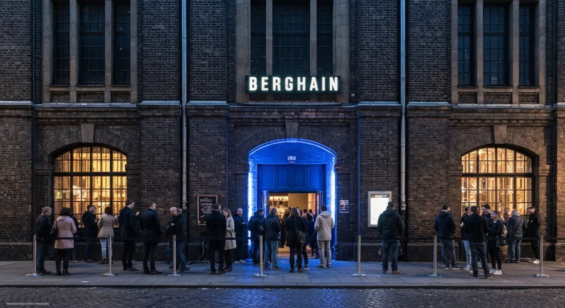 Berghain’s former power-station facade at night, dark industrial brick, a queue outside and cold blue light around the entrance