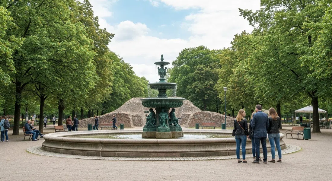 Volkspark Friedrichshain on a clear day, the Fairy Tale Fountain framed by trees and the park’s calm paths leading toward the rubble hills