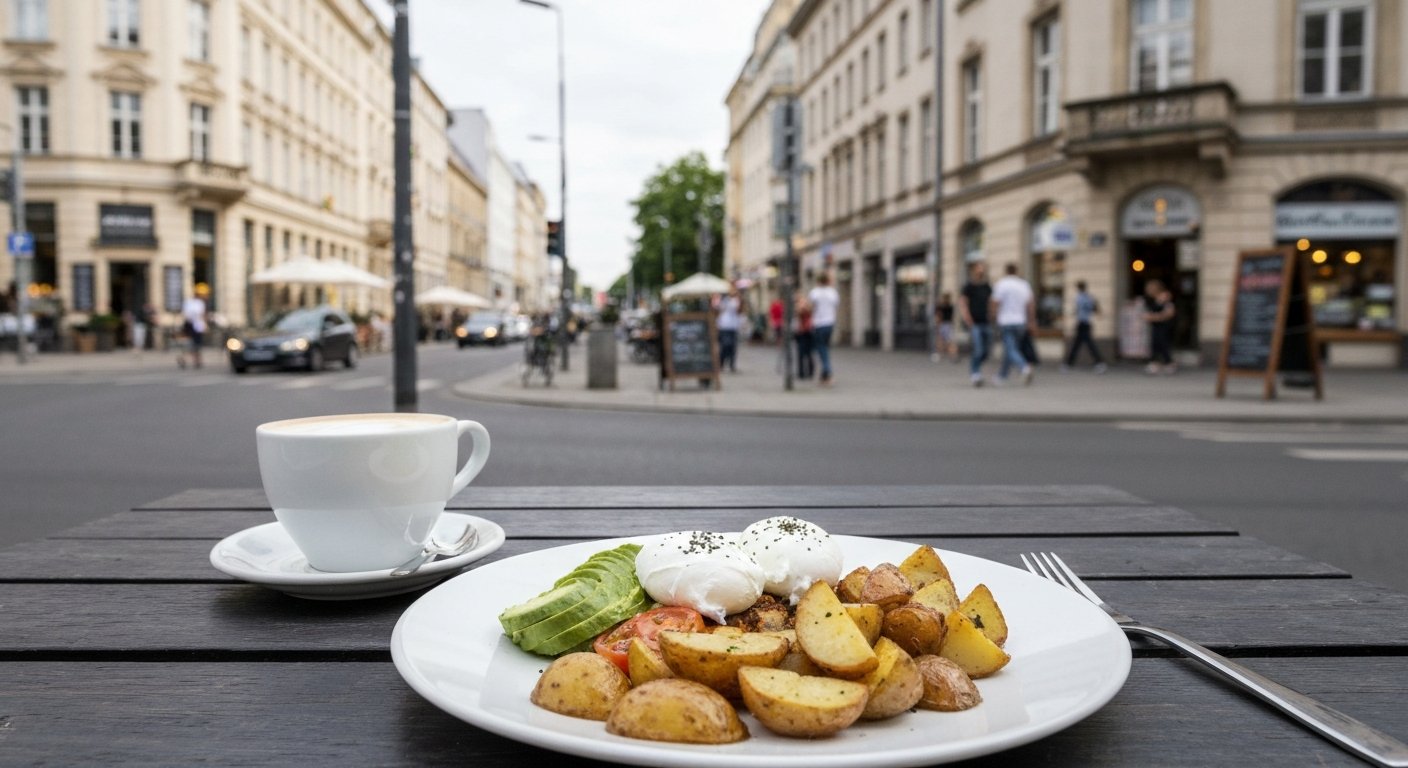 a full breakfast plate at Silo Coffee on Gabriel-Max-Straße, poached eggs, avocado and roast potatoes with a flat white on the side