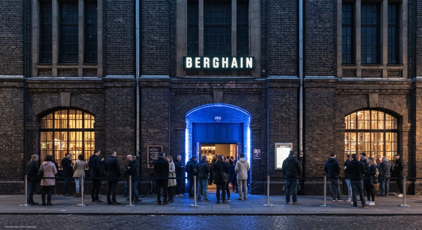 Berghain’s former power-station facade at night, dark industrial brick, a queue outside and cold blue light around the entrance