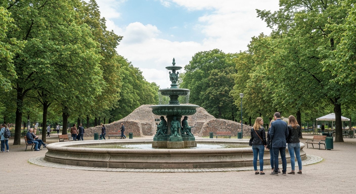 Volkspark Friedrichshain on a clear day, the Fairy Tale Fountain framed by trees and the park’s calm paths leading toward the rubble hills