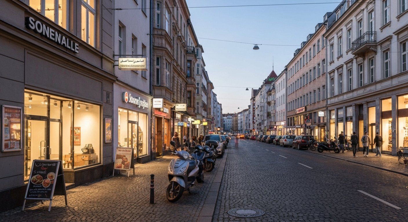 Sonnenallee i Neukölln ved skumring, butiksfacader lyser under arabisk og tysk skiltning, med fodgængere og parkerede scootere, der fylder fortovet