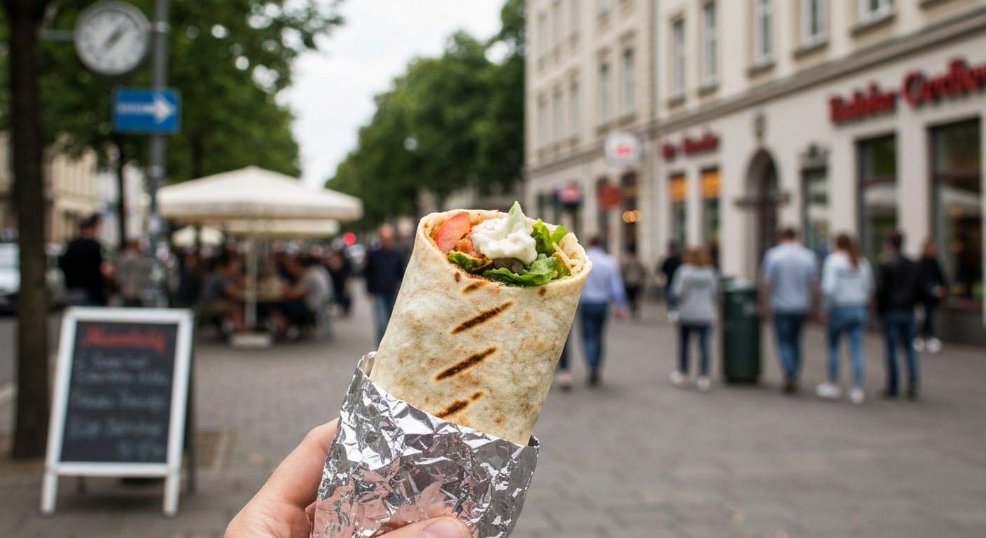 en shawarma wrap fra Aldimashqi på Reuterstraße, folie og papir holdt i hånden på et Neukölln-fortov, hvidløgssovs synlig ved skærekanten