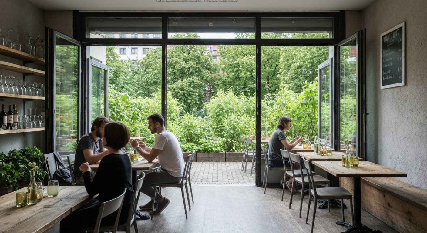 Café Botanicos spisestue, der åbner op til sin 1.000 m² permakulturhave på Richardstraße, bladrige rækker synlige bag bordene i blødt eftermiddagslys