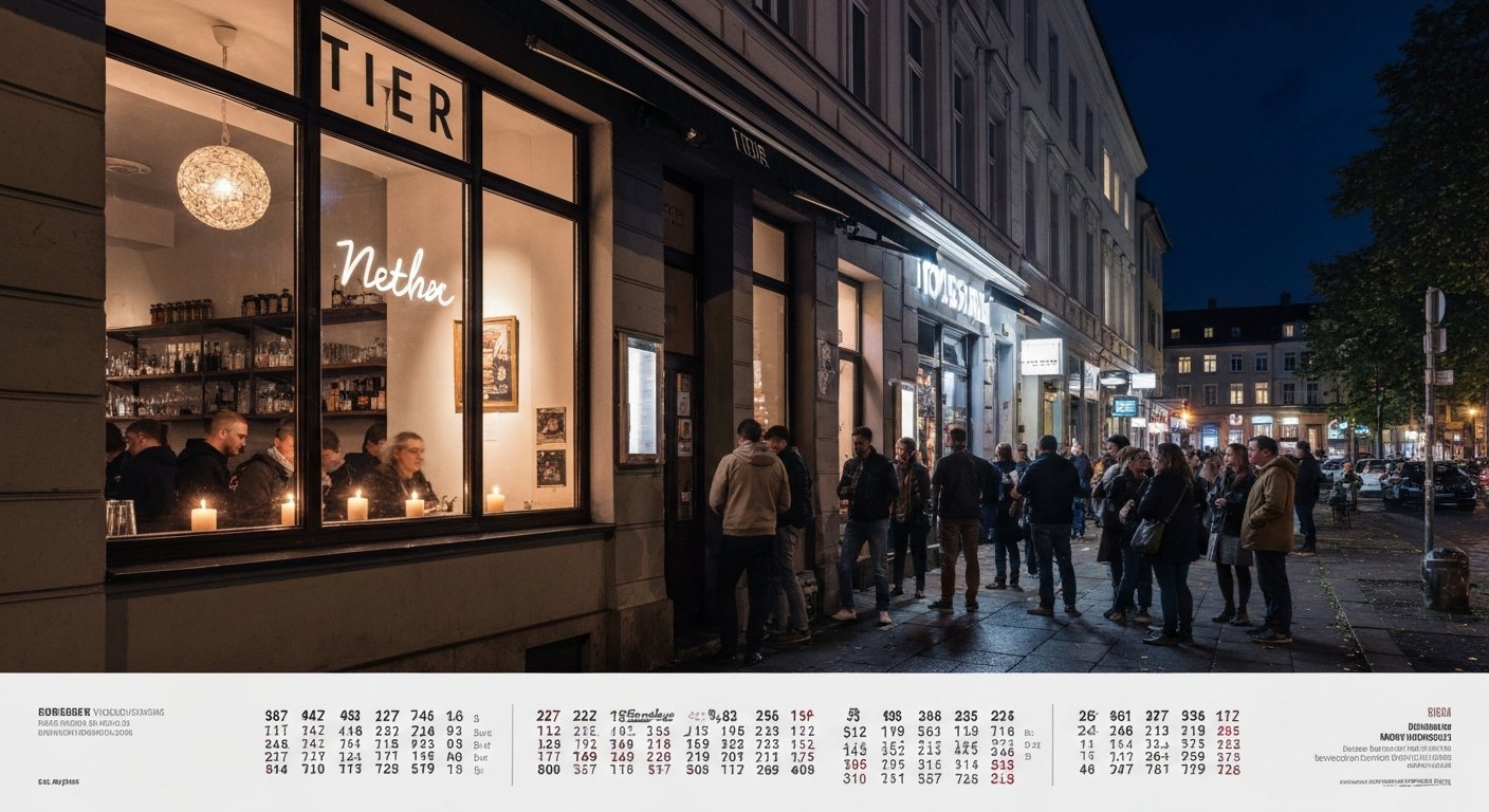 det stearinlysoplyste forvindue til TiER og det snuskede skær fra Ä ved siden af på Weserstraße om natten, mennesker står skulder ved skulder udenfor