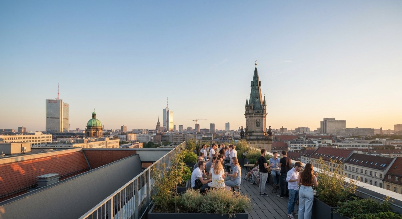 Klunkerkranich taghave på Neukölln Arcaden parkeringshus ved solnedgang, Berlins skyline spredt bag plantekasser, gelændere og en menneskemængde med drinks