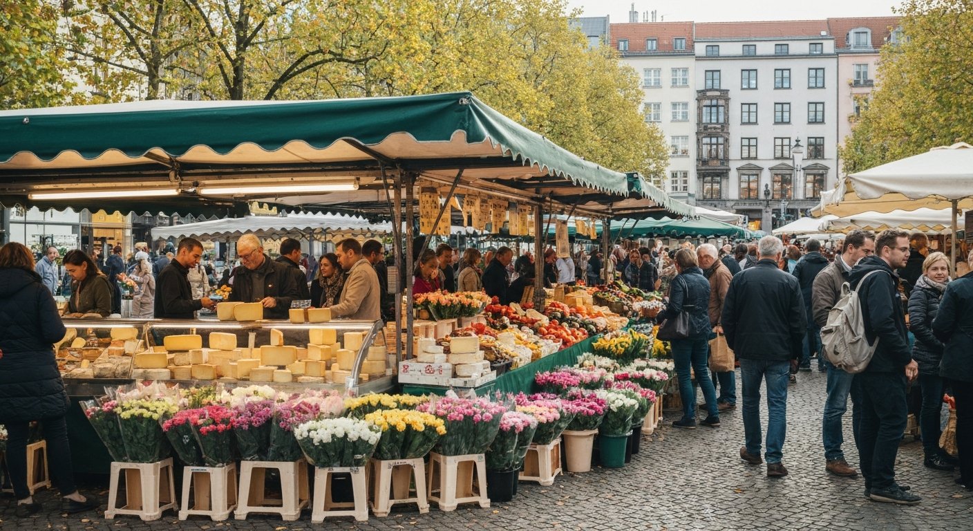 Winterfeldtplatz market on a Saturday morning, packed stalls of cheese, flowers and produce under pale Berlin light, neighbours browsing shoulder to shoulder