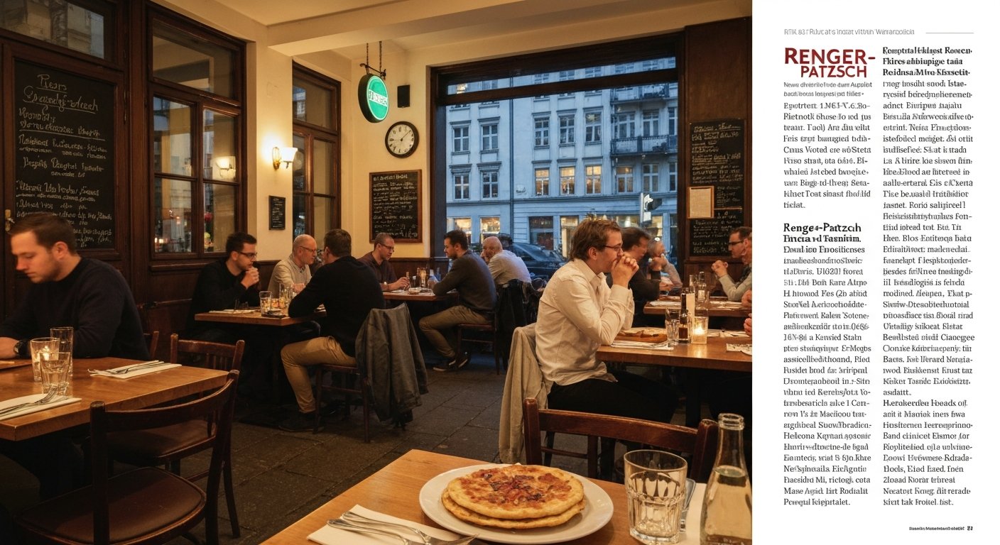 the dining room at Renger-Patzsch on Wartburgstraße, warm evening light catching a Flammkuchen on the table and a lived-in neighbourhood restaurant atmosphere