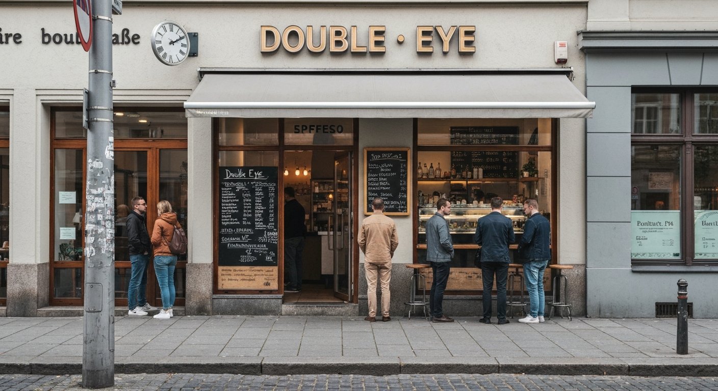 the tiny frontage of Double Eye on Akazienstraße, a Saturday queue on the pavement and an espresso being pulled inside the shoebox-sized café