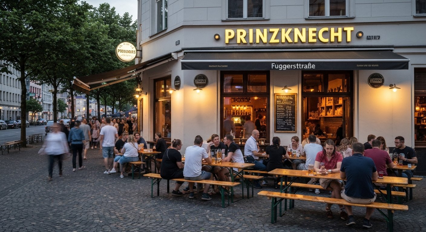 the exterior of Prinzknecht on Fuggerstraße at dusk, beer benches on the pavement filling with people before Pride and the bar’s windows glowing warm