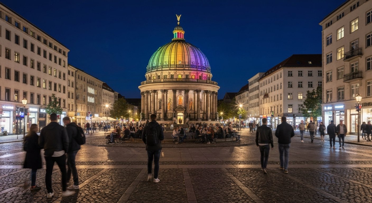 Nollendorfplatz at night with the rainbow-lit U-Bahn dome above the square and the surrounding streets of the queer quarter glowing softly