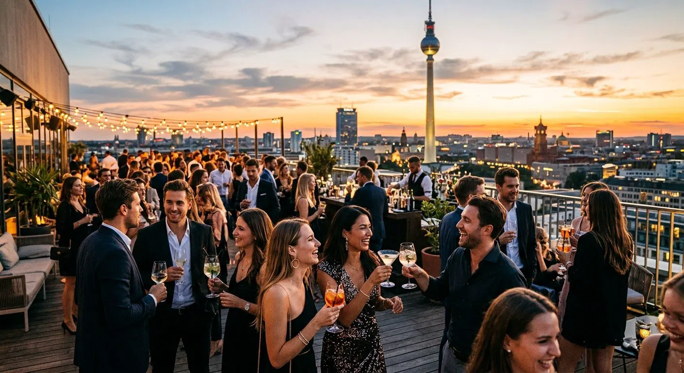 Eine Berliner Dachterrassenparty zur goldenen Stunde