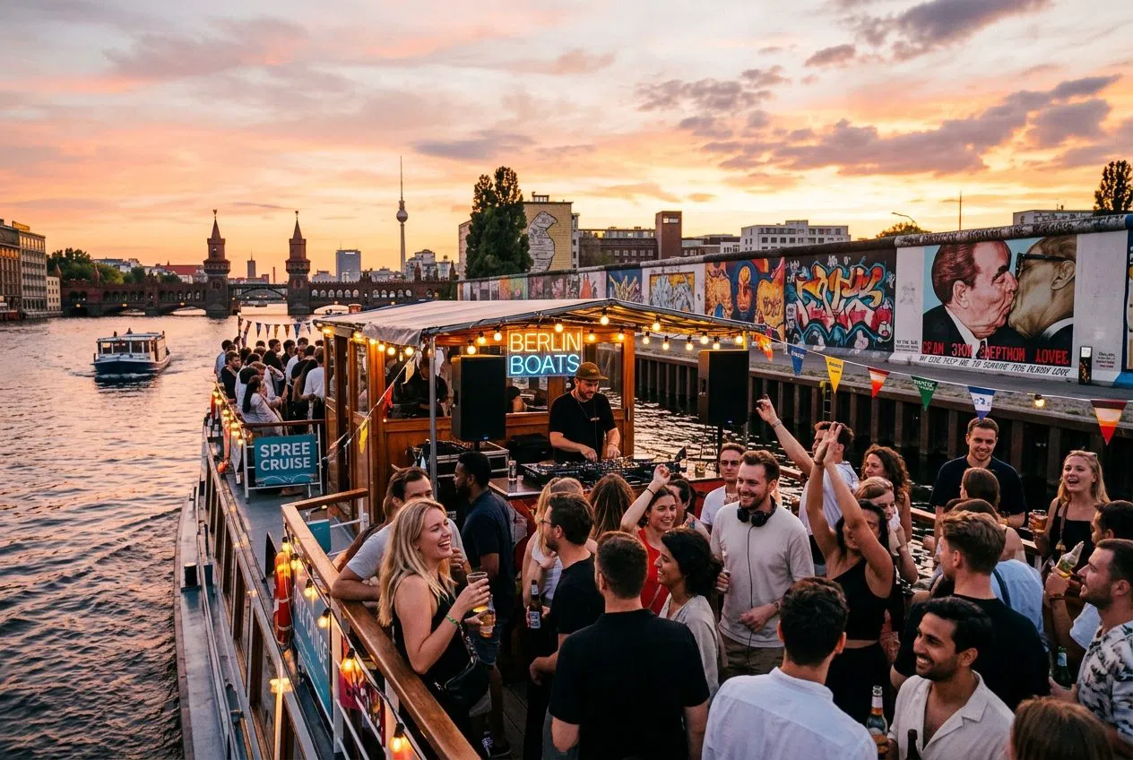 Ein Spree-Partyboot bei Sonnenuntergang